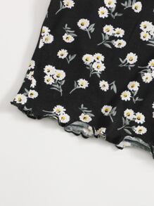 Soleia Notch Neck Lettuce Trim Daisy Floral Top - Multicolor - View 4