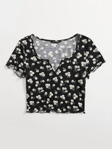 Soleia Notch Neck Lettuce Trim Daisy Floral Top - Multicolor - View 5