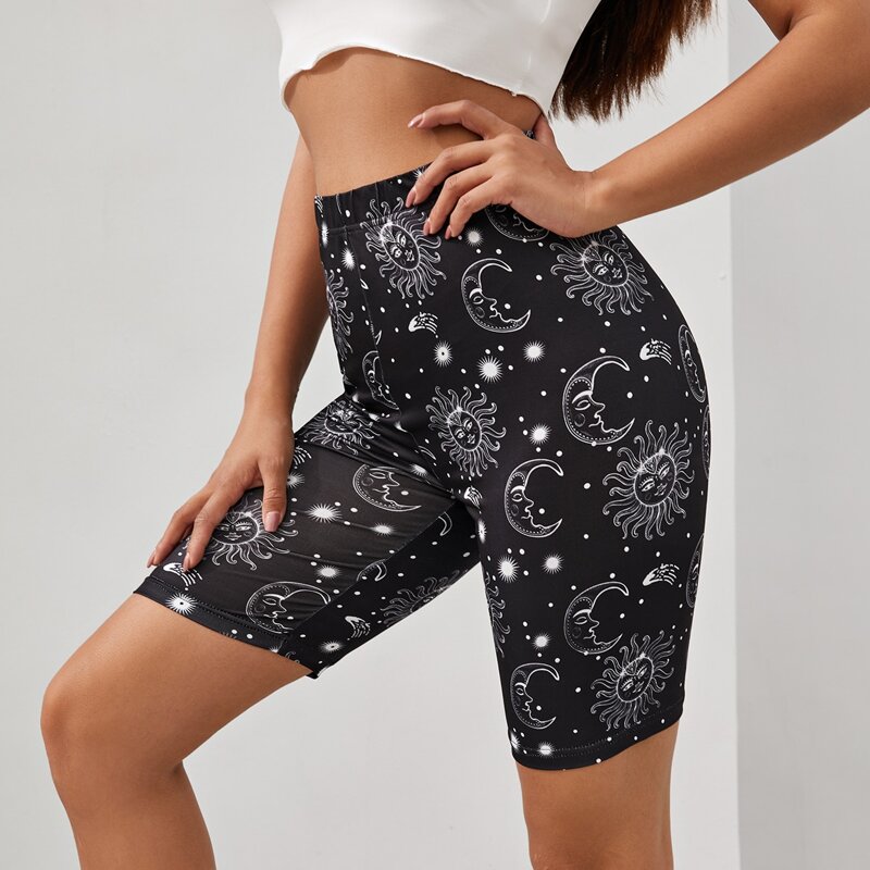 

Sun And Moon Print Biker Shorts, Black