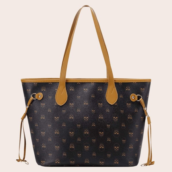 

Skull Graphic Shoulder Tote Bag, Coffee brown