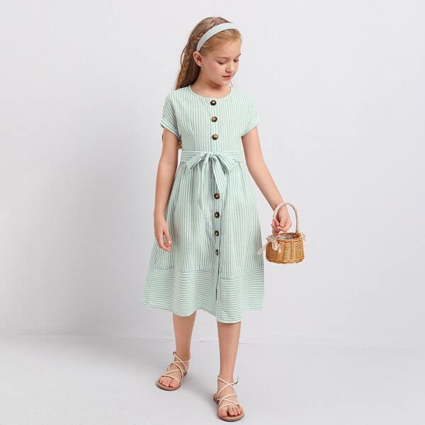 

Girls Button Up Belted Striped Dress, Multicolor