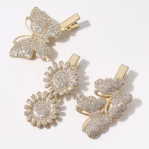 

3pcs Rhinestone Decor Hair Clip, Gold
