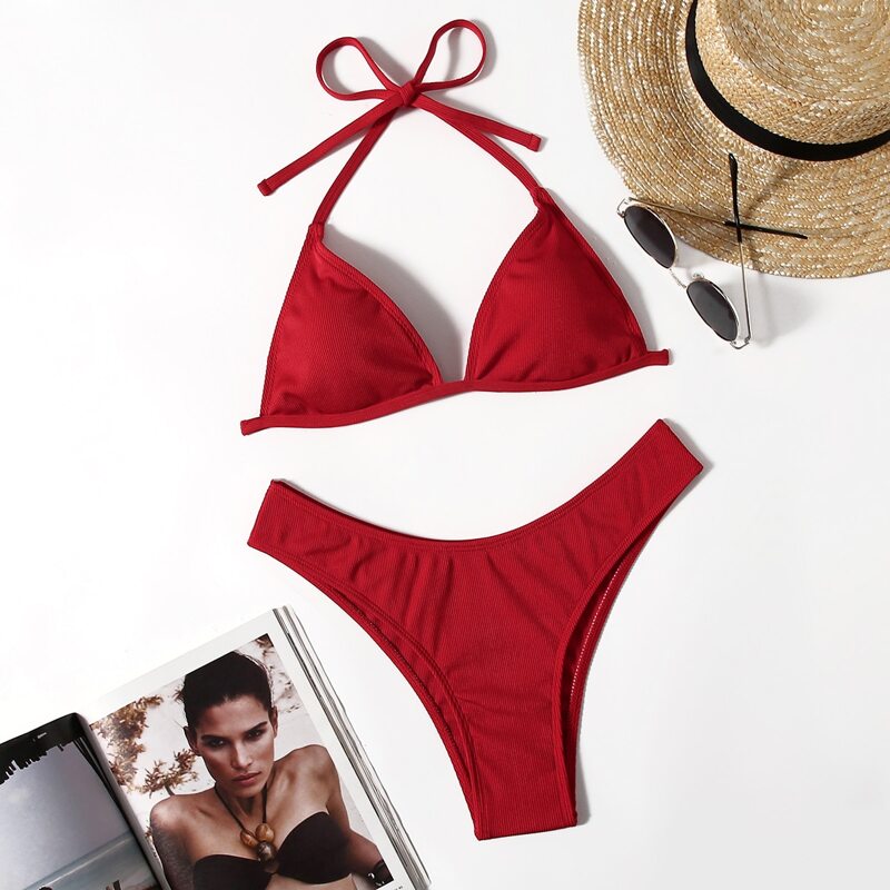 

Triangle Halter Bikini Swimsuit, Red