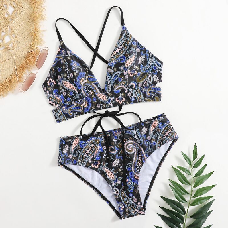 

Paisley Pattern Lace-up Bikini Swimsuit, Multicolor