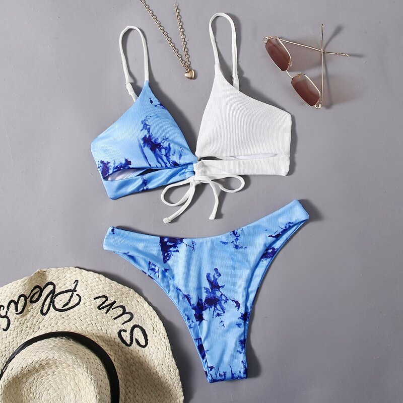 

Tie Dye Colorblock Bikini Swimsuit, Blue and white