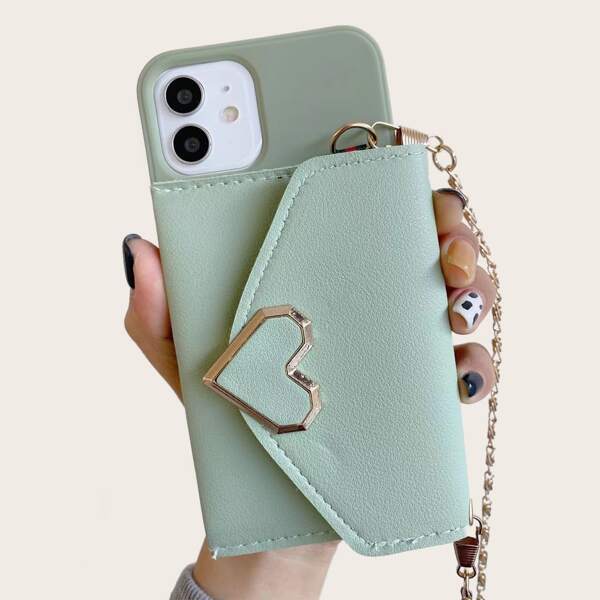 

Heart Button Chain Detail Wallet iPhone Case, Green