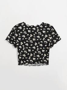SHEIN Qutie Camiseta ribete en forma de lechuga floral - Negro - Ver 2