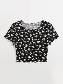 SHEIN Qutie Camiseta ribete en forma de lechuga floral - Negro - Ver 3