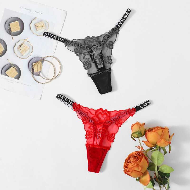 

2pack Letter Tape Embroidered Mesh Panty Set, Multicolor