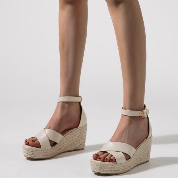 

Criss Cross Ankle Strap Espadrille Wedge Sandals, Beige