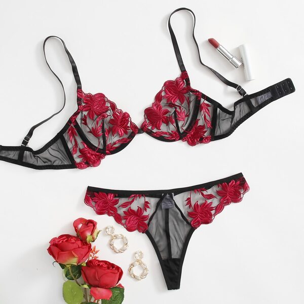 

Floral Embroidered Mesh Underwire Lingerie Set, Multicolor