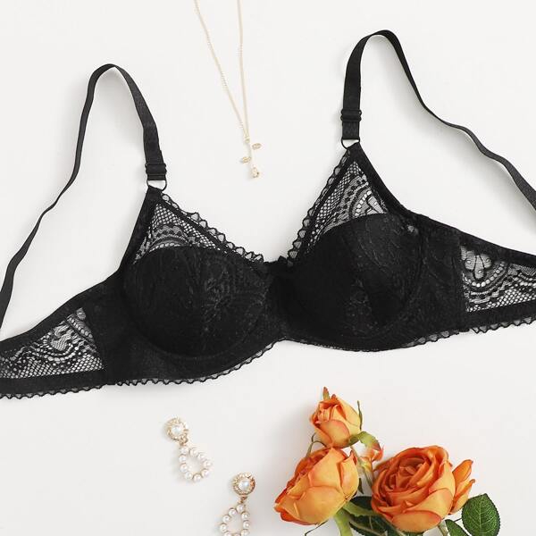 

Lace Overlay Super Push Up Bra, Black