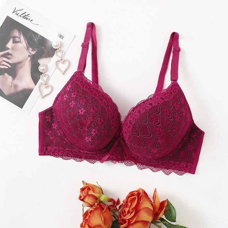 

Floral Lace Super Push Up Bra, Rose red