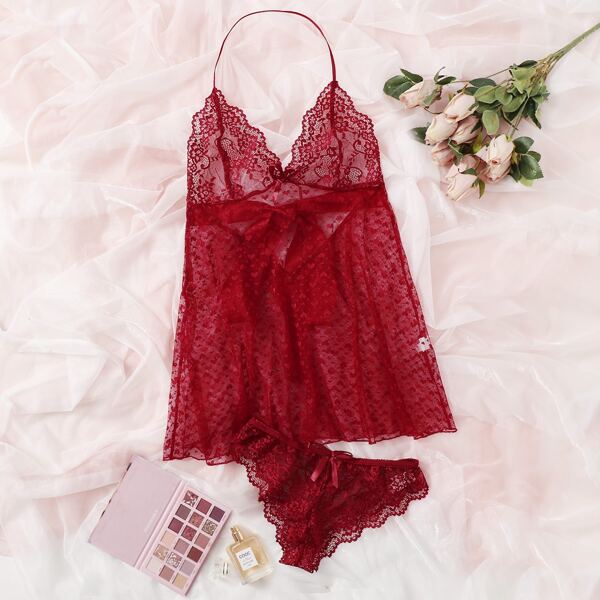 

Contrast Lace Heart Pattern Mesh Slips With Panty, Burgundy