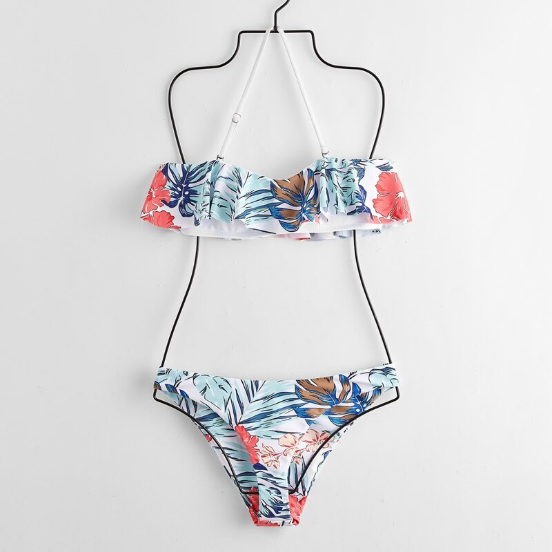 

Tropical Leaf Ruffle Bikini Swimsuit, Multicolor