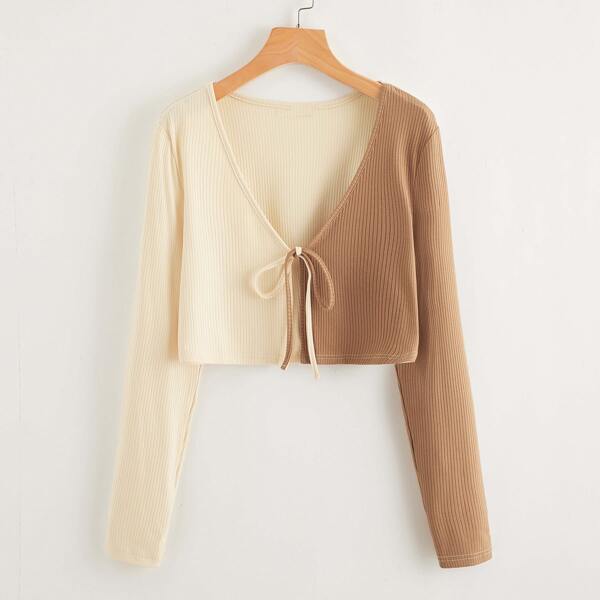 

Plus Tie Front Rib-knit Spliced Top, Multicolor