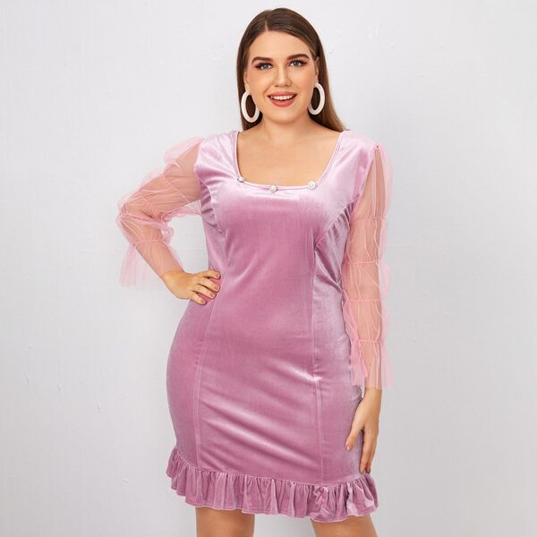 

Plus Contrast Mesh Velvet Fitted Dress, Pink