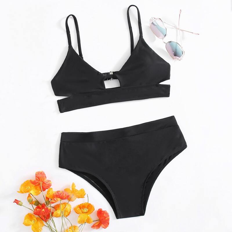 

Solid Cut-out Bikini Swimsuit, Black