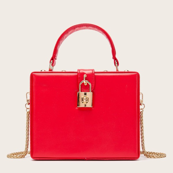 

Metal Lock Chain Satchel Bag, Red