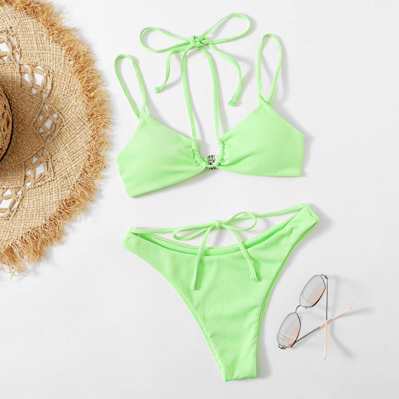 

Ribbed Halter Bikini Swimsuit, Lime green