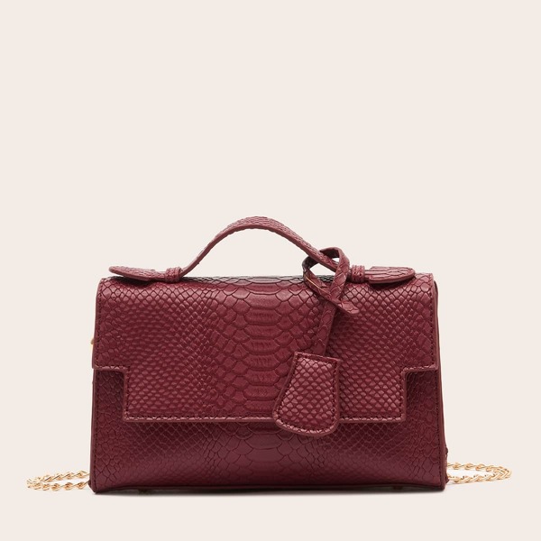 

Snakeskin Print Chain Satchel Bag, Burgundy