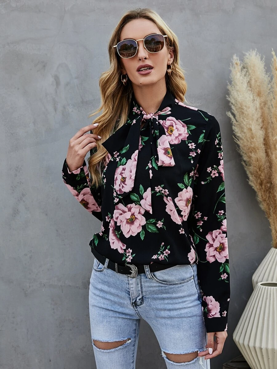 SHEIN Clasi Tie Neck Floral Top - Black - View 1
