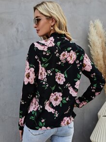 SHEIN Clasi Tie Neck Floral Top - Black - View 2