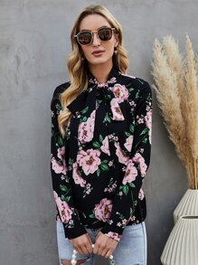 SHEIN Clasi Tie Neck Floral Top - Black - View 3
