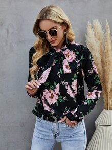 SHEIN Clasi Tie Neck Floral Top - Black - View 6