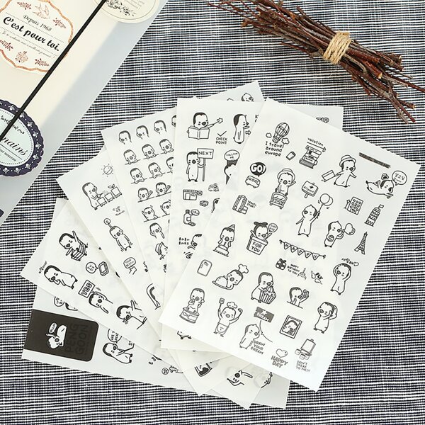

6sheets Cartoon Penguin Print Sticker, Black and white