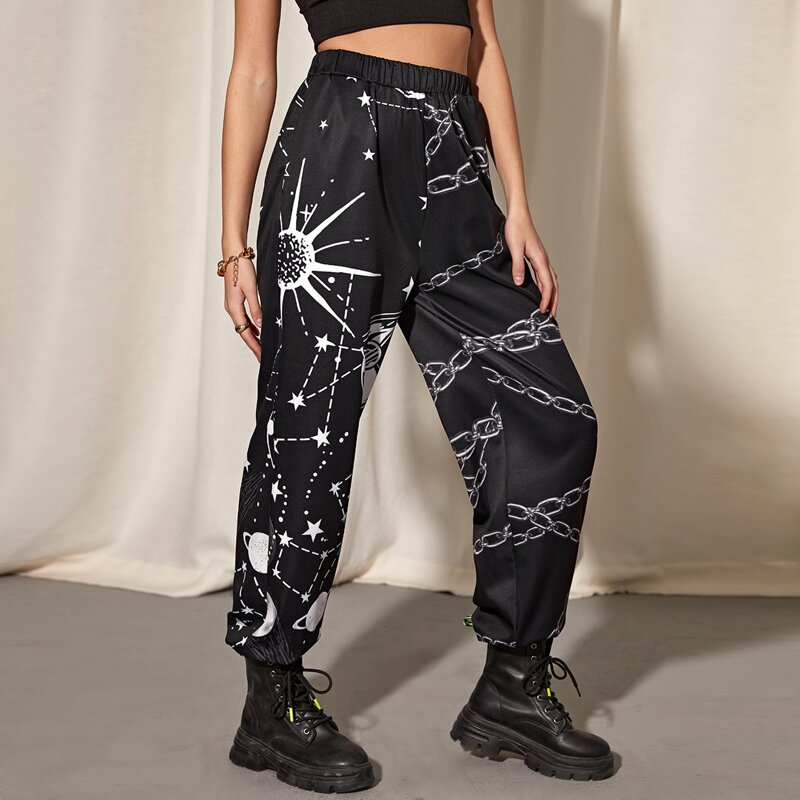 

Elastic Waist Chain & Galaxy Print Sweatpants, Black