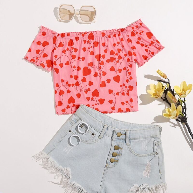 

Heart Print Off Shoulder Rib-knit Tee, Multicolor
