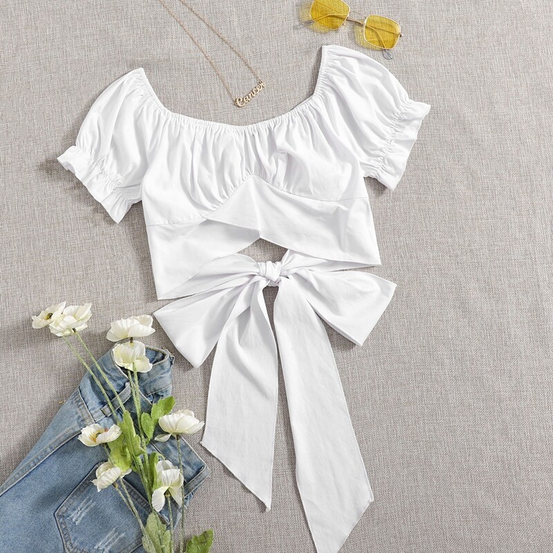 

Flounce Sleeve Tie Back Crop Top, White
