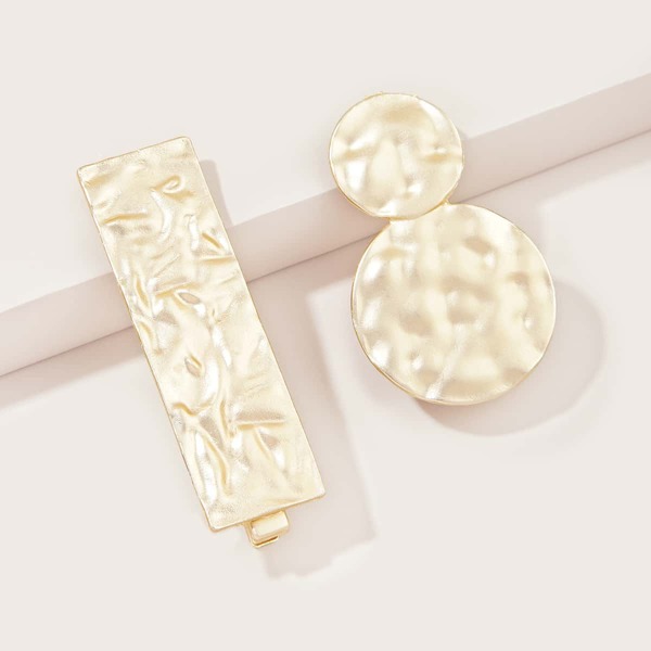 

2pcs Textured Round Design Hair Clip, Gold