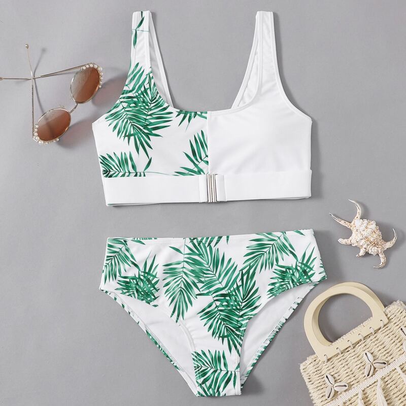 

Leaf Print Tank Bikini Swimsuit, Multicolor