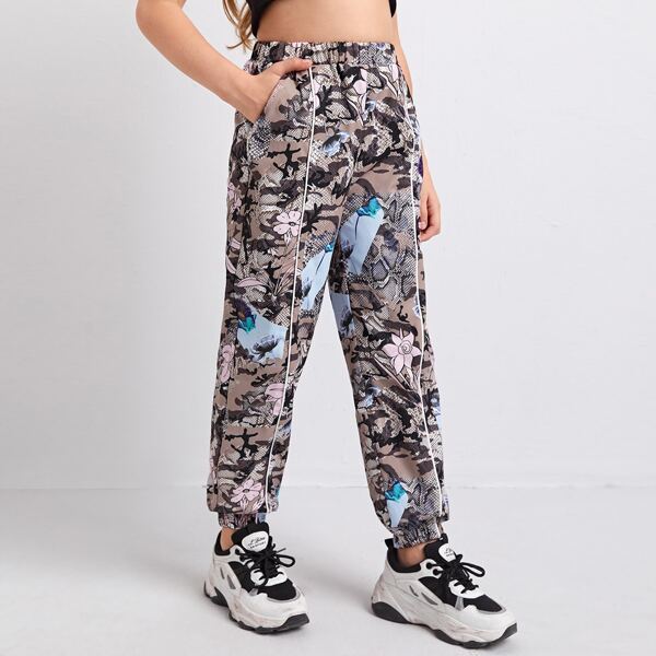 

Girls Floral Contrast Piping Pants, Multicolor