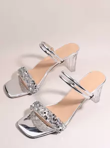 Women Rhinestone Decor Chunky Heeled Slide Sandals, Glamorous Summer Heeled Sandals - Silver - View 1