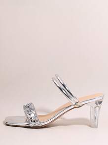 Women Rhinestone Decor Chunky Heeled Slide Sandals, Glamorous Summer Heeled Sandals - Silver - View 2