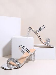 Women Rhinestone Decor Chunky Heeled Slide Sandals, Glamorous Summer Heeled Sandals - Silver - View 3