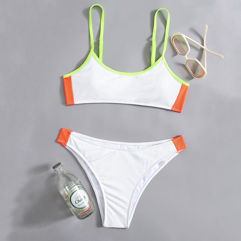

Ribbed Contrast Binding Bikini Swimsuit, White