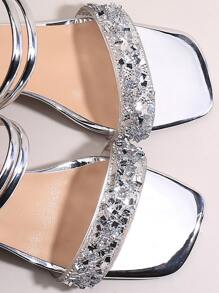 Women Rhinestone Decor Chunky Heeled Slide Sandals, Glamorous Summer Heeled Sandals - Silver - View 4