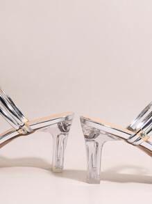 Women Rhinestone Decor Chunky Heeled Slide Sandals, Glamorous Summer Heeled Sandals - Silver - View 5