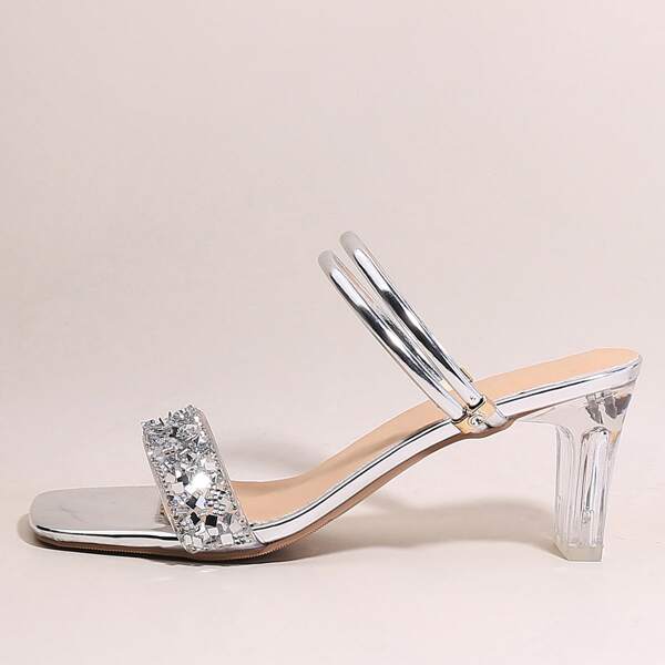 

Rhinestone Decor Chunky Heeled Sandals, Silver