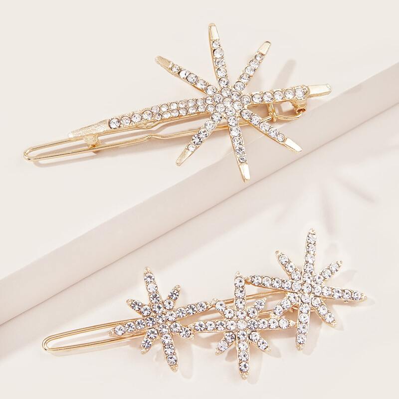 2pcs Rhinestone Star Decor Hair Clip, Gold