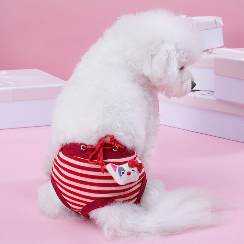 

Cartoon Decor Striped Pet Sanitary Pant, Red and white