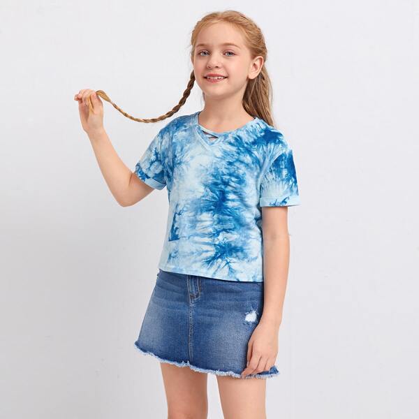 

Girls Crisscross Neck Tie Dye Tee, Blue and white