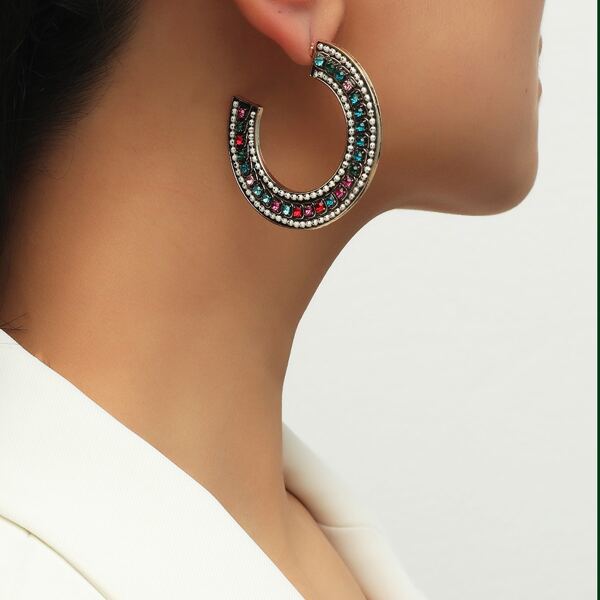 

Rhinestone Cuff Hoop Earrings, Multicolor