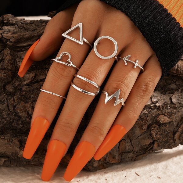 

7pcs Hollow Out Geo Decor Ring, Silver