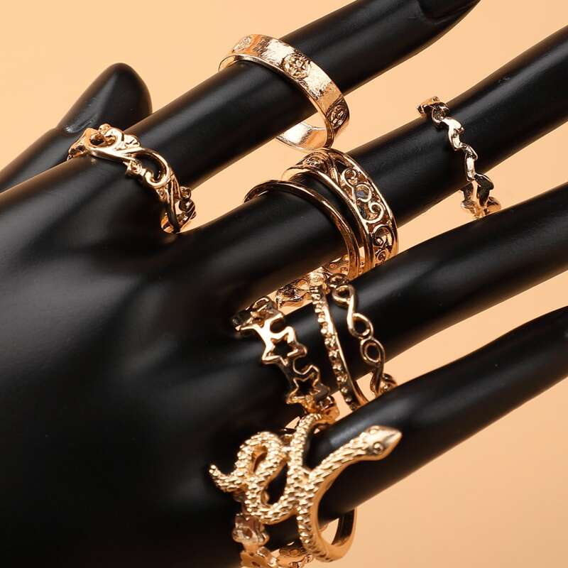 

10pcs Snake & Flower Design Ring, Gold