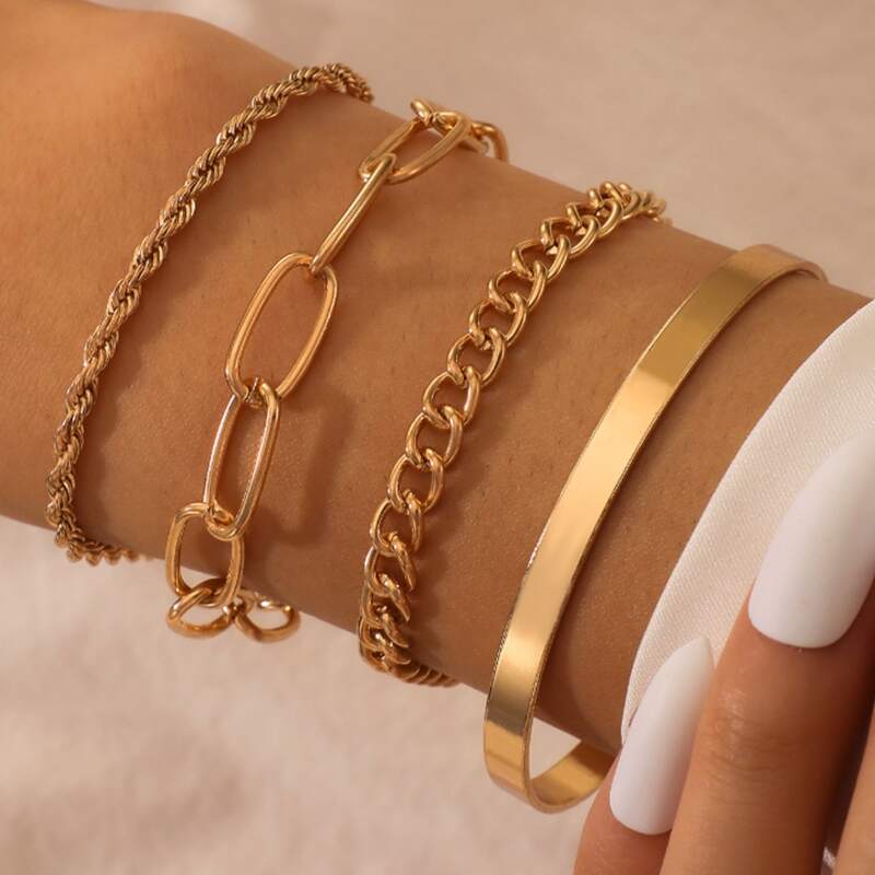 

4pcs Simple Chain Bracelet Set, Gold